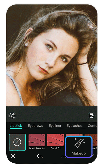 a woman picture with makeup tools like lipstick and eyebrows